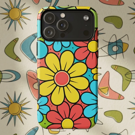 Vibrant retro 70s flower power pattern with teal, yellow, and lime blossoms on a protective iPhone case.