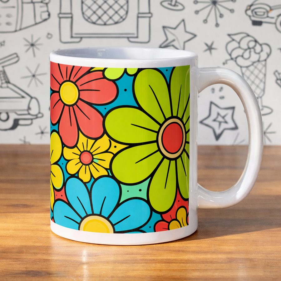 Vibrant retro 70s flower power pattern with teal, yellow, and red blossoms on a colorful floral ceramic mug.