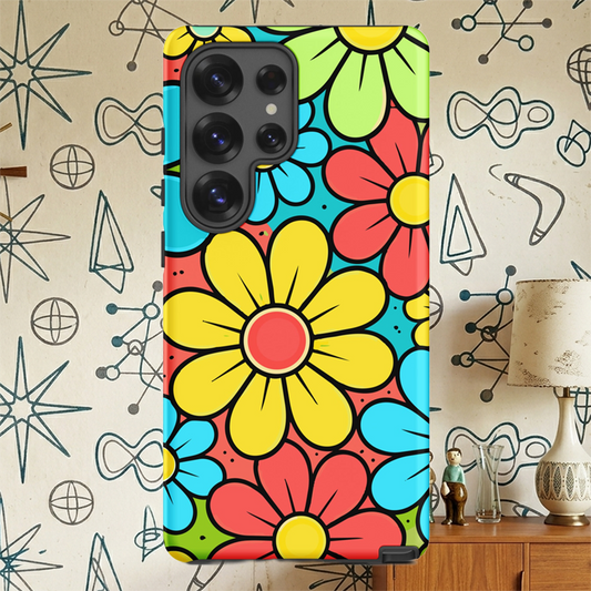 Vibrant 70s style floral pattern with teal, yellow, and lime green flowers on a bright background for Samsung Galaxy.