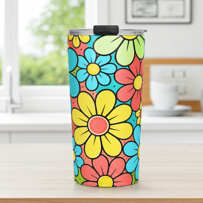 Vibrant 70s retro floral pattern with colorful blue, yellow, and red flowers for a boho-style travel mug design.