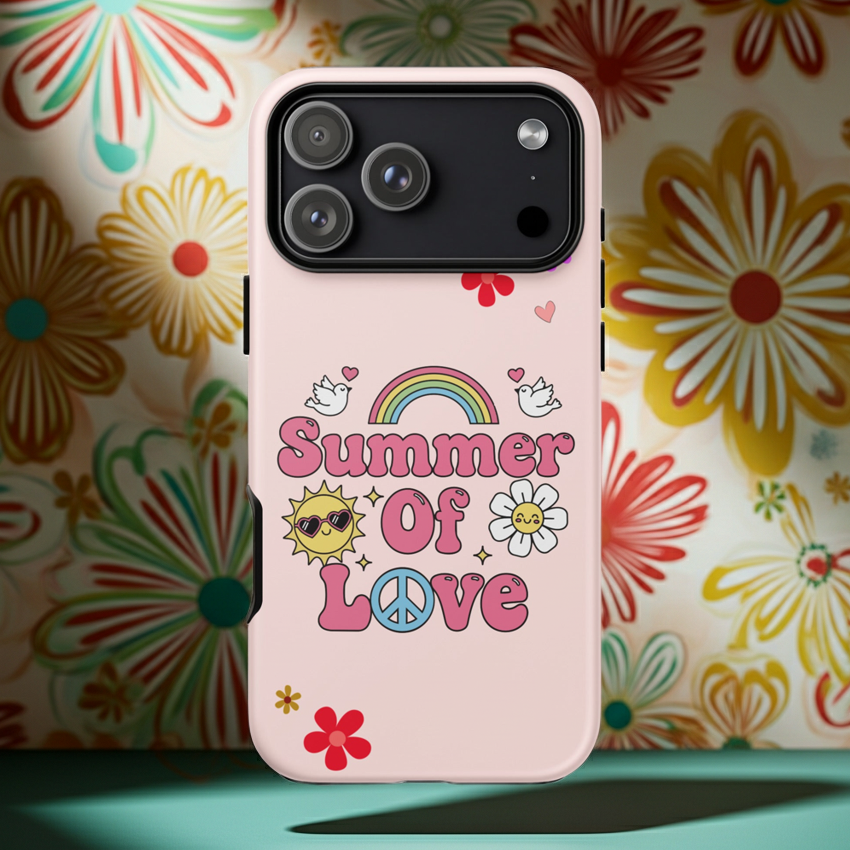 Retro "Summer of Love" design with pink bubble letters, a rainbow, peace sign, and smiling daisy on a black iPhone case.