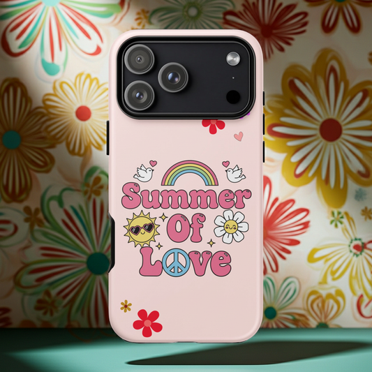 Retro "Summer of Love" design with pink bubble letters, a rainbow, peace sign, and smiling daisy on a black iPhone case.