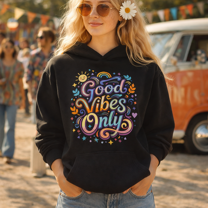 Retro hoodie featuring 'Good Vibes Only' groovy lettering, rainbow, and sun illustrations in a vibrant 70s art style.