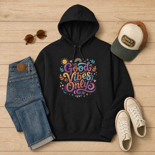 Retro hoodie featuring 'Good Vibes Only' groovy lettering, rainbow, and sun illustrations in a vibrant 70s art style.