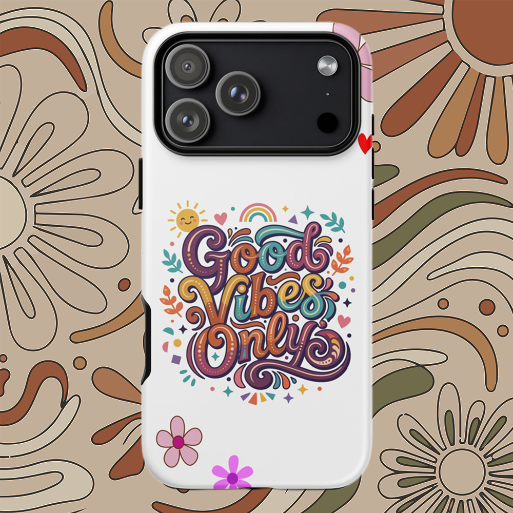 Vibrant iPhone case with 'Good Vibes Only' groovy text, rainbow, sun, and stars in a 70s psychedelic style.
