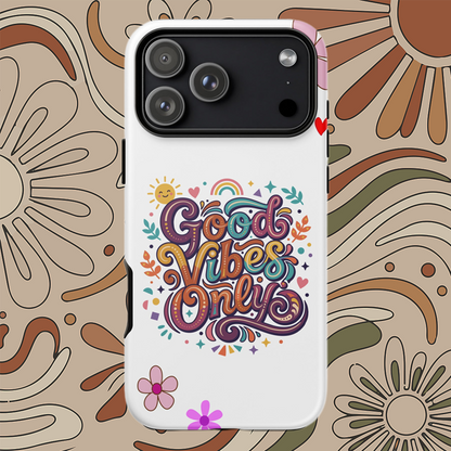 Vibrant iPhone case with 'Good Vibes Only' groovy text, rainbow, sun, and stars in a 70s psychedelic style.