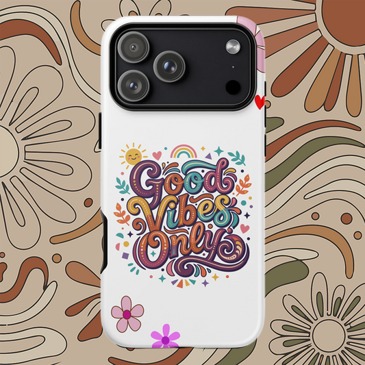 Vibrant iPhone case with 'Good Vibes Only' groovy text, rainbow, sun, and stars in a 70s psychedelic style.