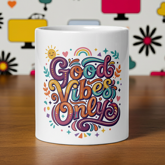 Retro coffee mug featuring 'Good Vibes Only' text in groovy lettering with rainbows, suns, and colorful stars.