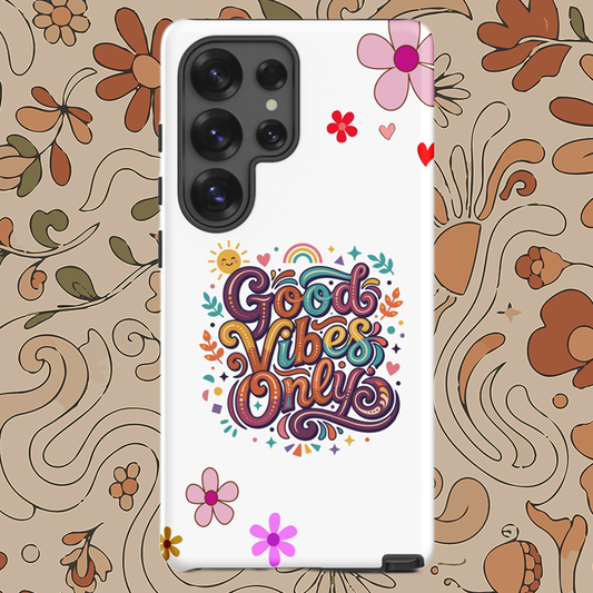 Samsung Galaxy case with 'Good Vibes Only' groovy text, rainbows, and sun illustrations in a 70s psychedelic style.