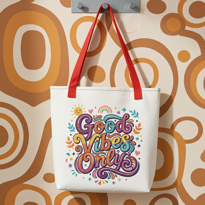 tote bag with 'Good Vibes Only' groovy text, rainbows, and smiling sun in a vibrant 70s psychedelic style.