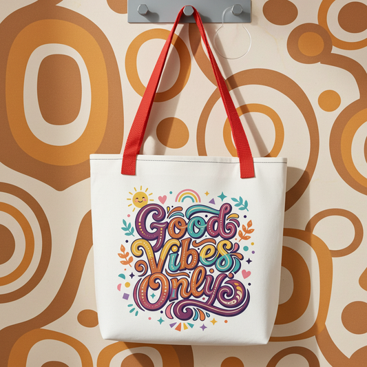 tote bag with 'Good Vibes Only' groovy text, rainbows, and smiling sun in a vibrant 70s psychedelic style.