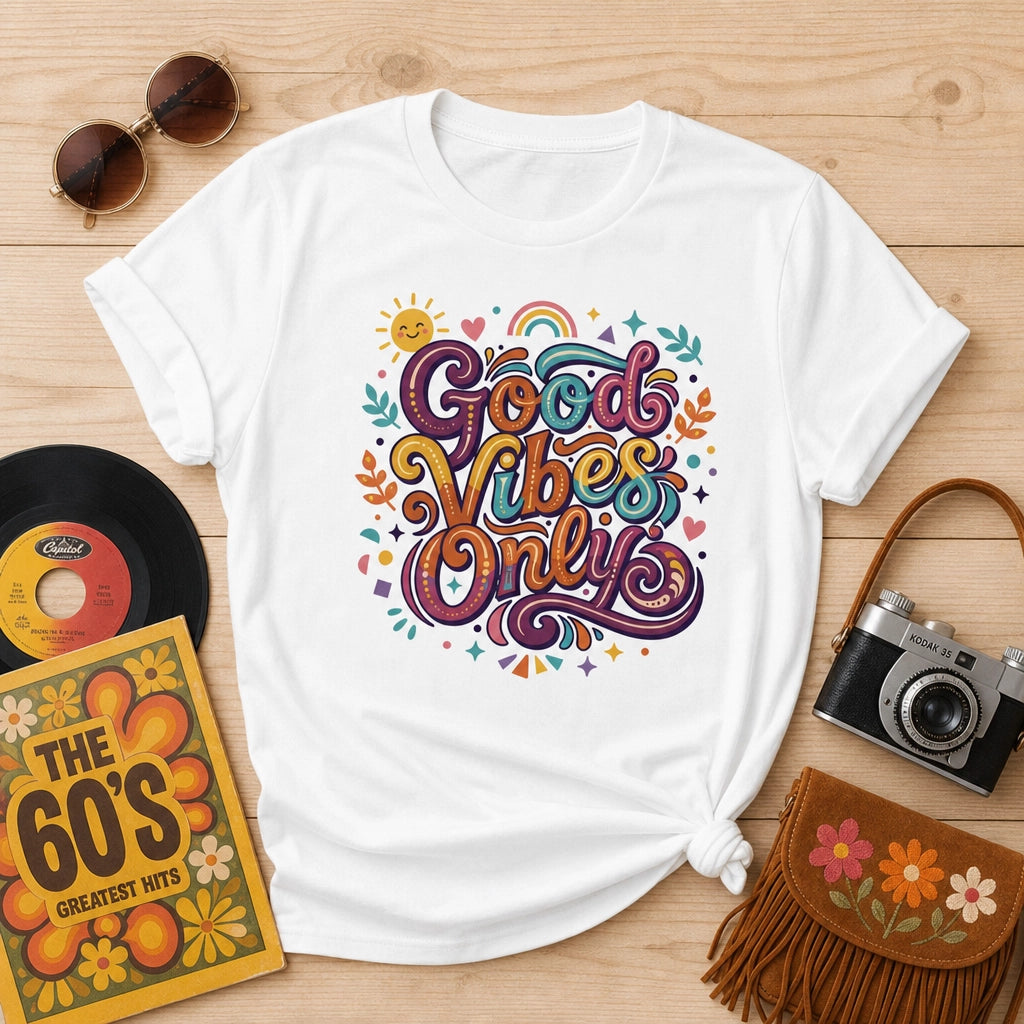 Retro t-shirt with 'Good Vibes Only' groovy lettering, rainbow, and sun illustrations in a vibrant 70s art style.