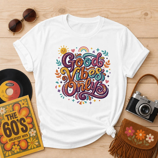 Retro t-shirt with 'Good Vibes Only' groovy lettering, rainbow, and sun illustrations in a vibrant 70s art style.