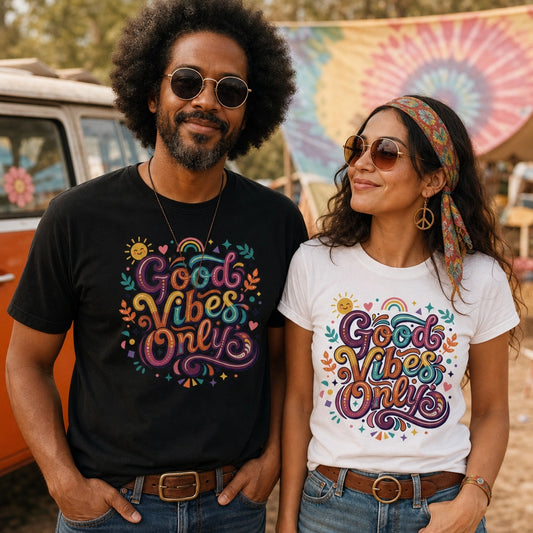 Retro t-shirt with 'Good Vibes Only' groovy lettering, rainbow, and sun illustrations in a vibrant 70s art style.