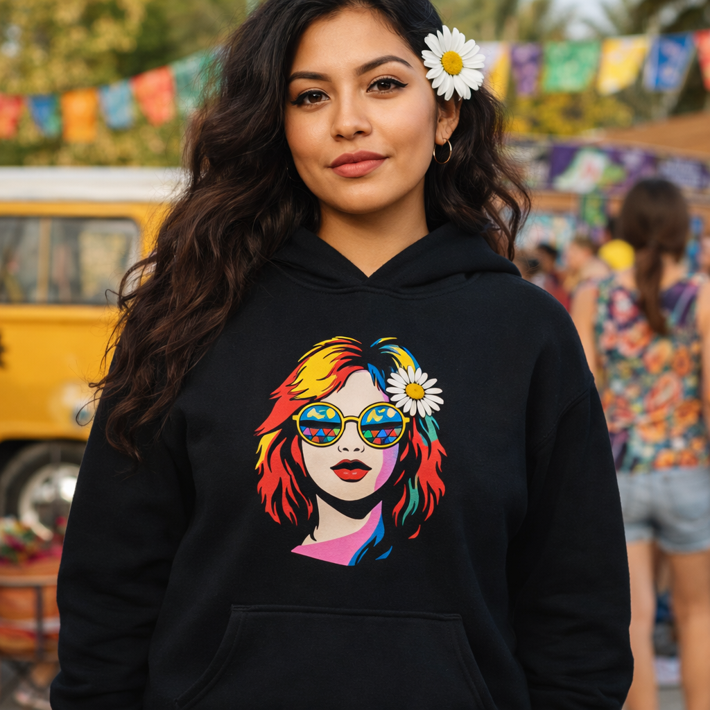 Vibrant pop art woman with rainbow sunglasses and a daisy on a black faroutgoods hoodie for a retro 70s aesthetic.