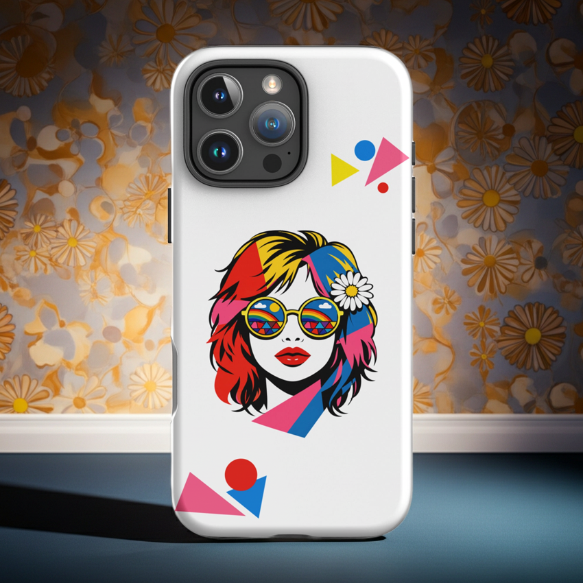Retro pop art illustration of a woman with rainbow reflection sunglasses and a daisy in her hair on an iPhone case.