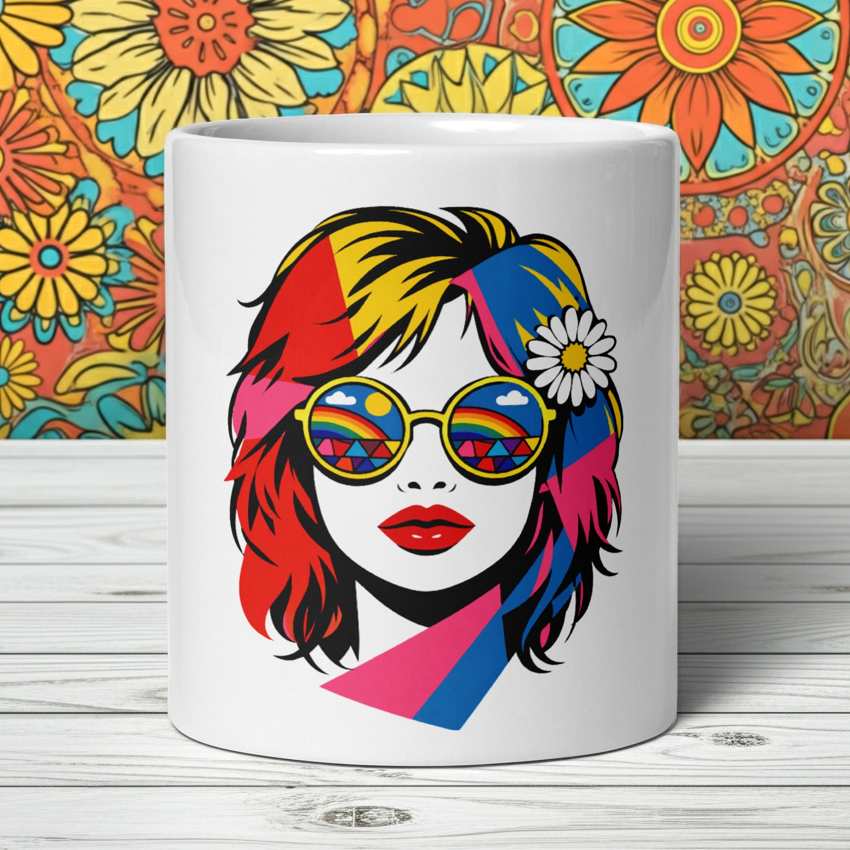 Retro pop art woman with rainbow sunglasses and a white daisy on a ceramic coffee mug from Far Out Goods.