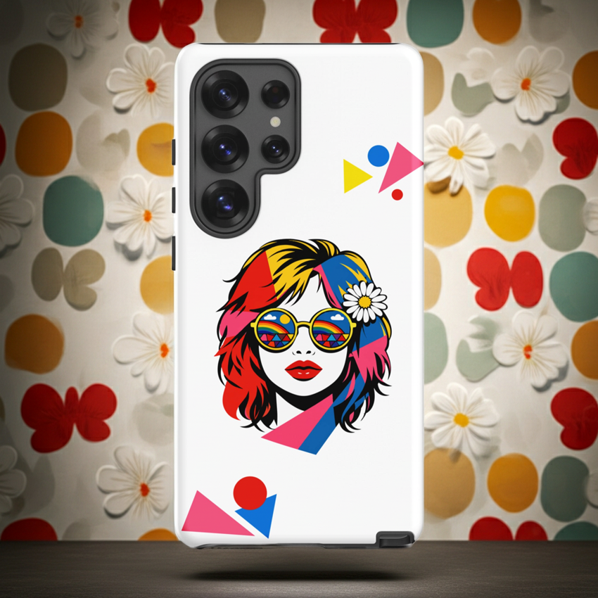 Retro pop art woman with rainbow sunglasses and a daisy hair accessory on a Samsung Galaxy phone case.