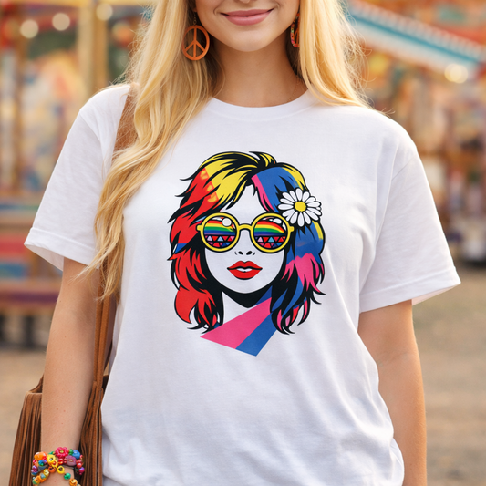 Pop art illustration of a woman with yellow rainbow sunglasses and a daisy in her hair for a faroutgoods t-shirt.