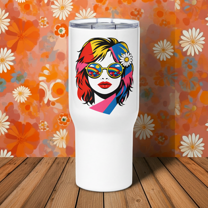 Retro pop art illustration of a woman with rainbow sunglasses and a daisy on a travel mug for faroutgoods.com.