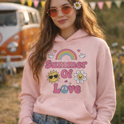 "Summer of Love" retro graphic with pink bubble text, a rainbow, and a smiling sun on a high-quality hooded sweatshirt.
