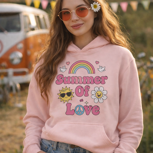 "Summer of Love" retro graphic with pink bubble text, a rainbow, and a smiling sun on a high-quality hooded sweatshirt.