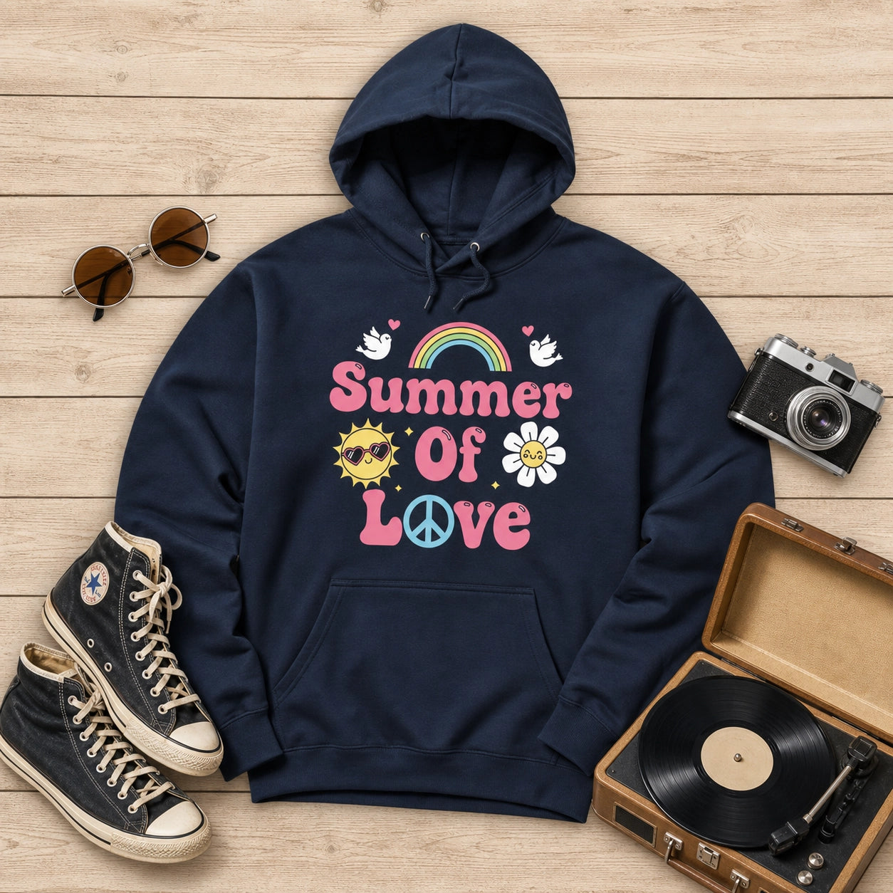 A navy blue hoodie with a colorful retro 'Summer Of Love' graphic, styled in a flat lay on a light wood background with sunglasses, Converse sneakers, a vintage camera, and a record player.
