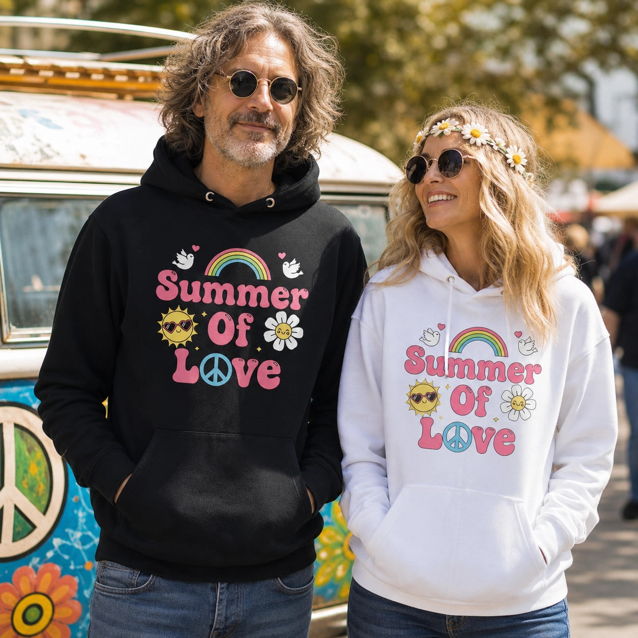 A man and a woman standing outdoors in front of a colorful van, wearing matching hoodies with a retro 70s-style 'Summer of Love' graphic. The man wears a black hoodie, and the woman wears a white hoodie.