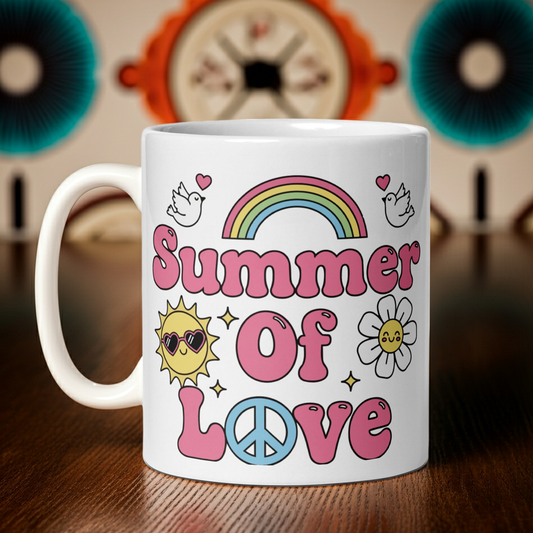 Retro Summer of Love illustration with rainbow, peace sign, sun, and daisy icons in pink and pastel colors on a mug.