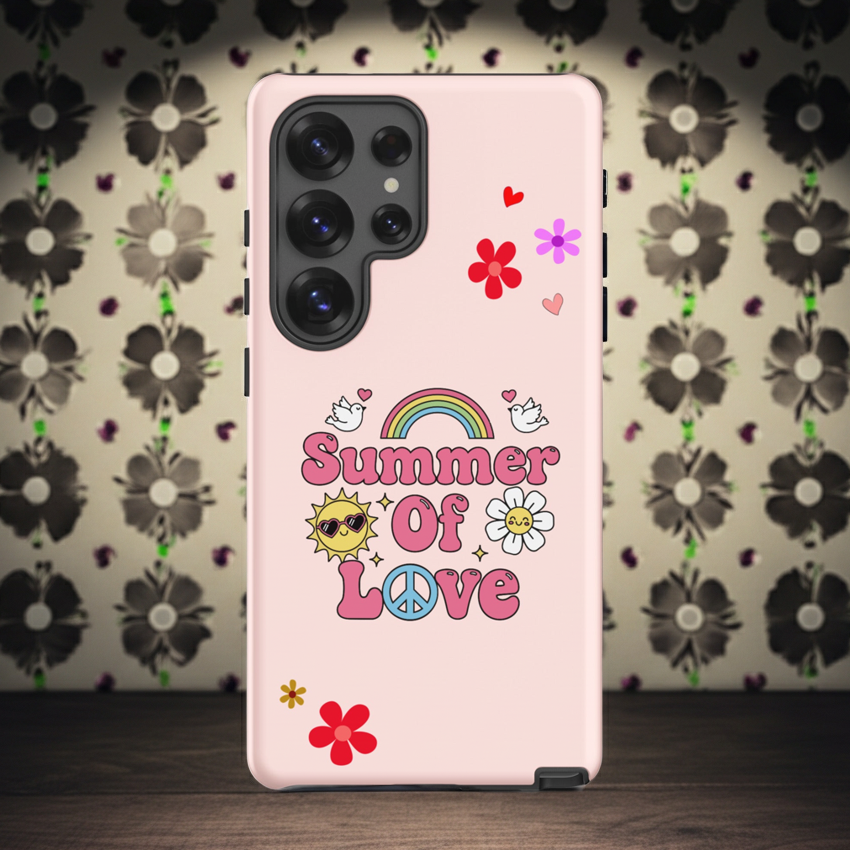 Retro Summer of Love design with pink bubble text, a rainbow, and a smiling sun on a high-quality Samsung Galaxy phone case.