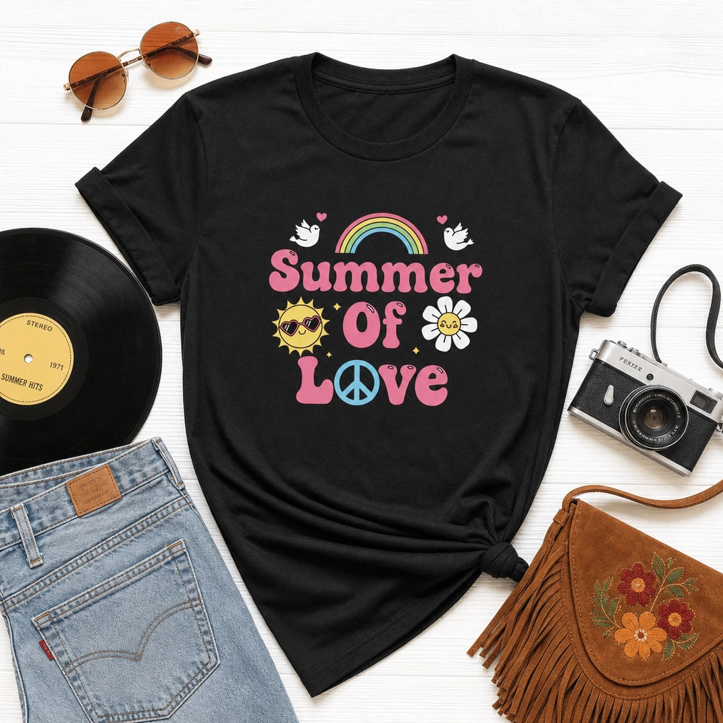 "Summer of Love" retro graphic with pink bubble text, a rainbow, and a smiling sun on a high-quality cotton T-shirt.