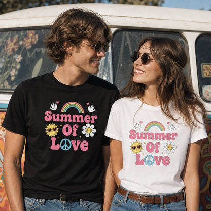 "Summer of Love" retro graphic with pink bubble text, a rainbow, and a smiling sun on a high-quality cotton T-shirt.