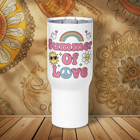 Groovy Summer of Love graphic with a pink rainbow, sun, and daisy on a portable travel mug for retro aesthetic fans.