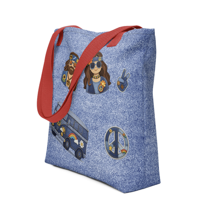 Digital art of a tote bag design featuring denim-textured patches of a hippie couple, a blue bus, and peace symbols.