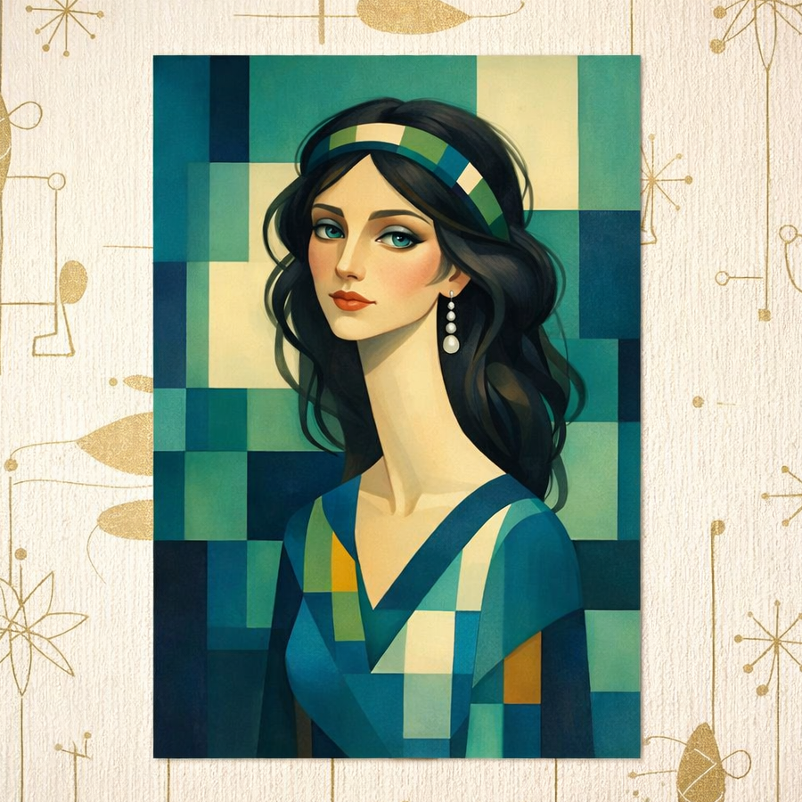 Modern cubist painting of a woman with dark hair and blue eyes against a teal and navy geometric square background.