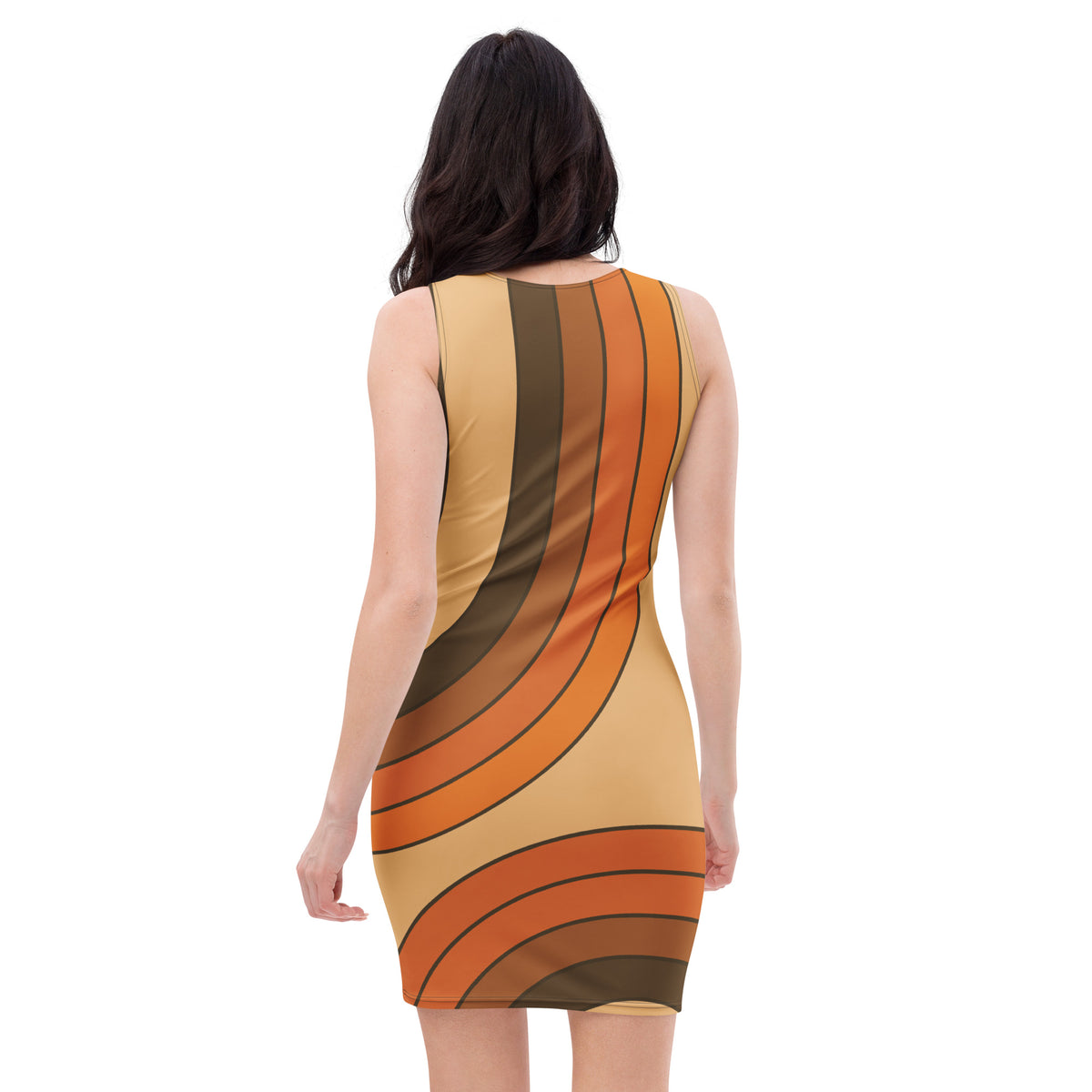 Woman wearing a vintage 70s dress with brown, orange, and tan curved groovy wave stripes from Far Out Goods storefront.