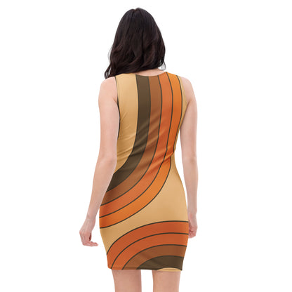 Woman wearing a vintage 70s dress with brown, orange, and tan curved groovy wave stripes from Far Out Goods storefront.