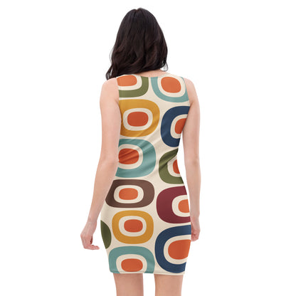 Retro 1970s mid-century modern geometric oval pattern dress printed with colorful mustard, orange, teal, and navy shapes