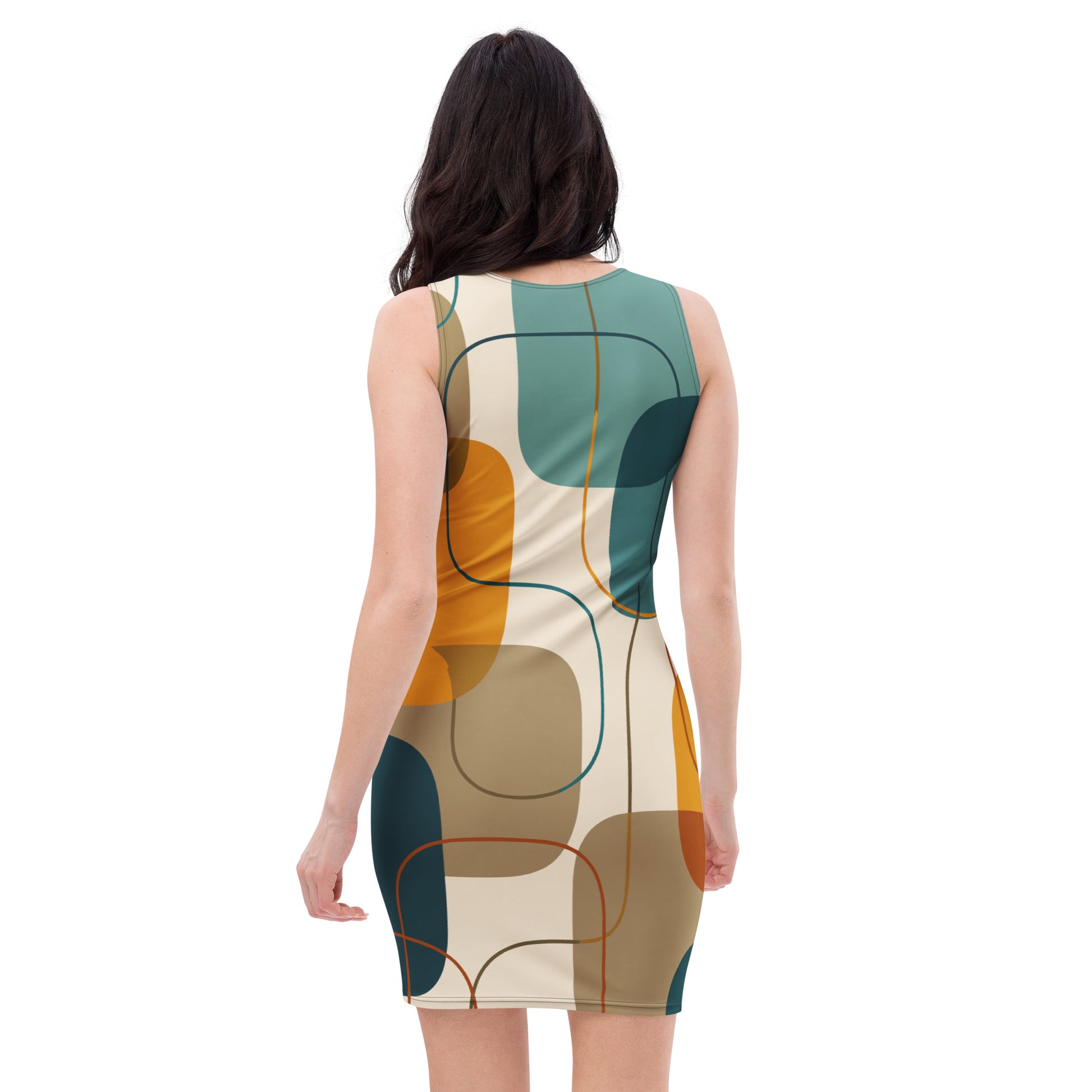 Seamless mid-century modern pattern on a dress featuring overlapping teal, mustard yellow, and dark blue geometric shapes.