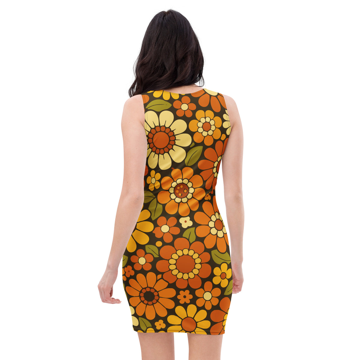 Retro 1970s groovy floral pattern dress featuring orange and mustard yellow daisies on a dark brown background.
