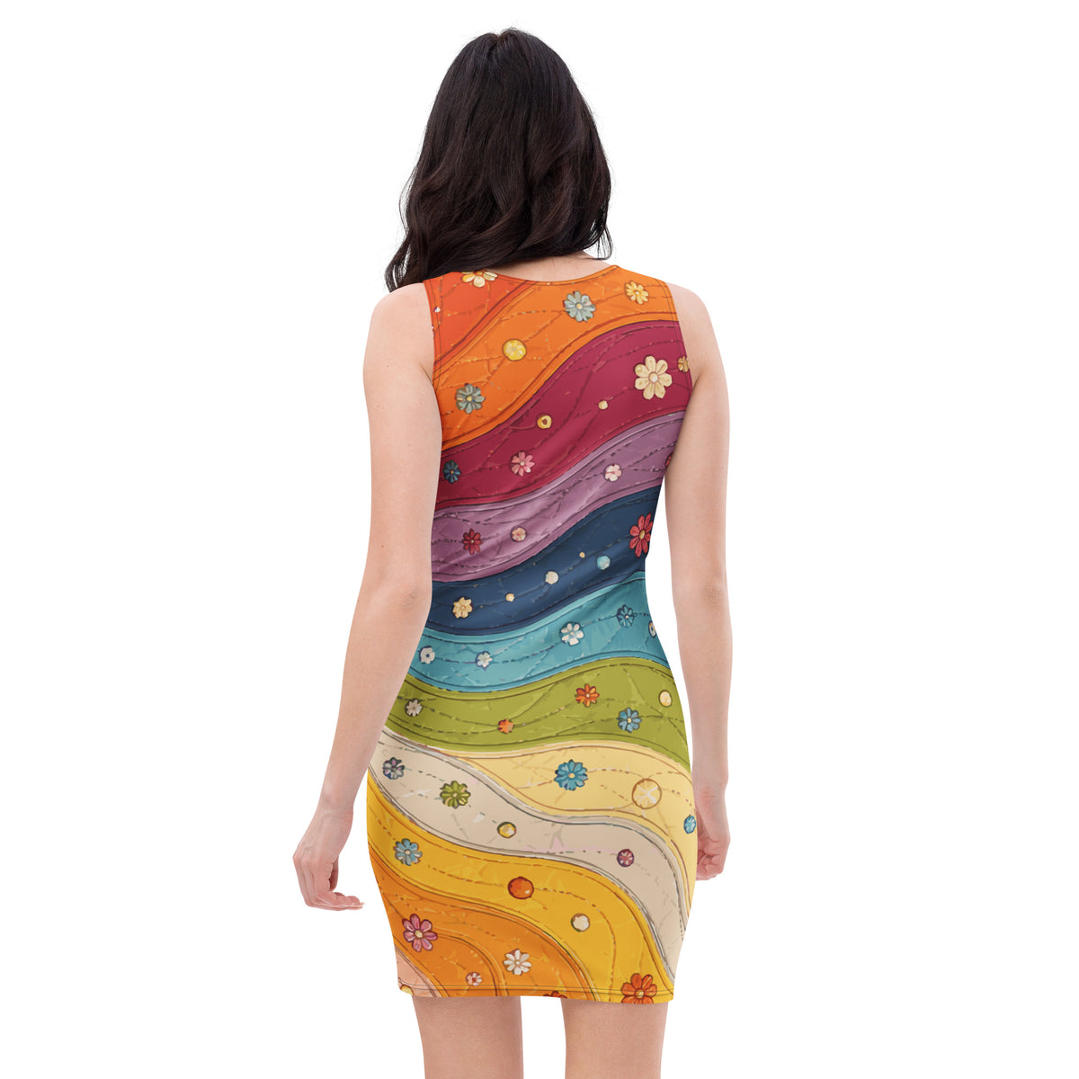 Vibrant 70s retro rainbow swirl pattern dress with colorful rays and tiny white daisy flowers.