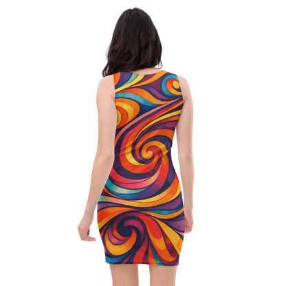 Retro psychedelic swirl dress featuring a vibrant 60s groovy pattern in bold orange, yellow, purple, and blue.