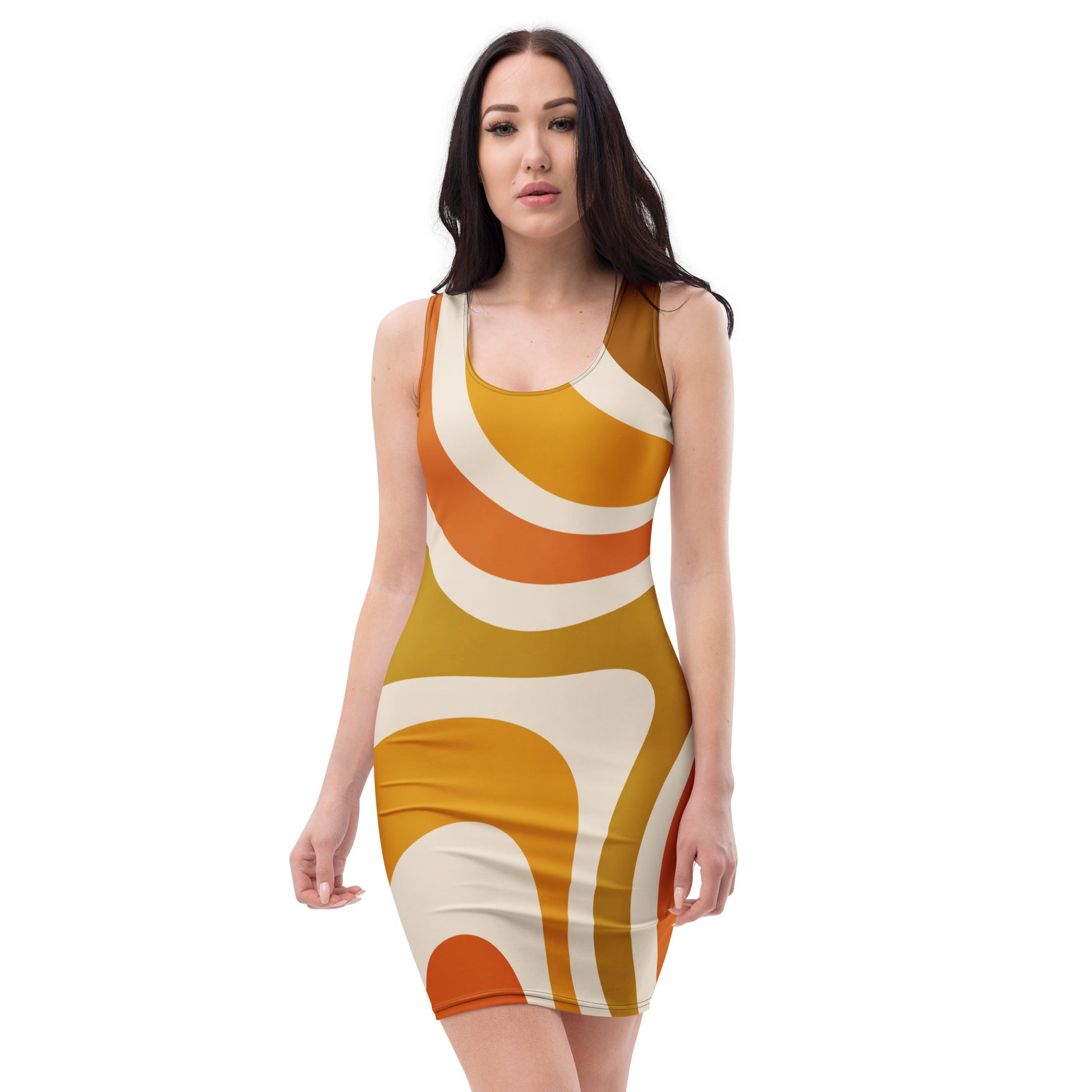 Retro 70s wavy swirl pattern in orange, mustard, and cream printed on a fitted bodycon dress by Far Out Goods.