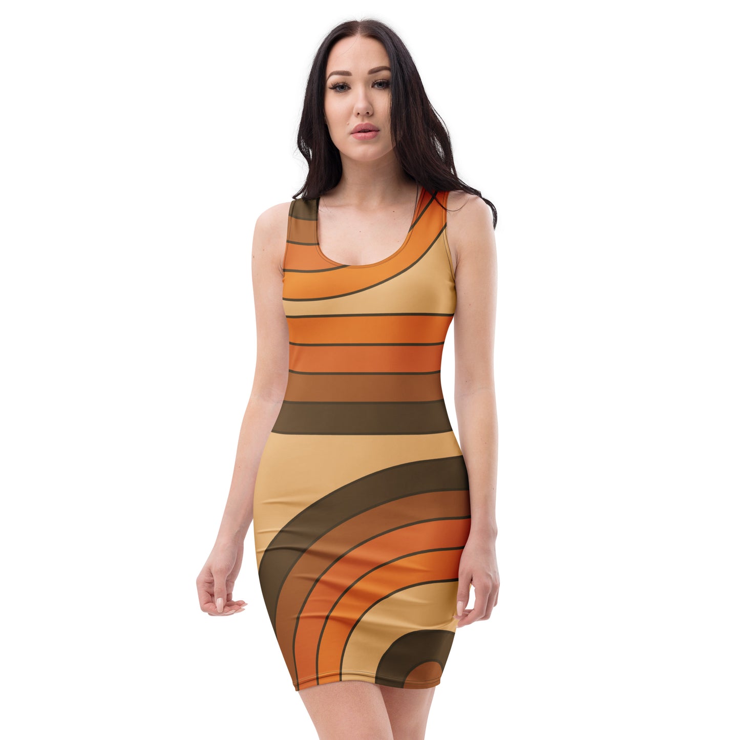 Woman wearing a vintage 70s dress with brown, orange, and tan curved groovy wave stripes from Far Out Goods storefront.