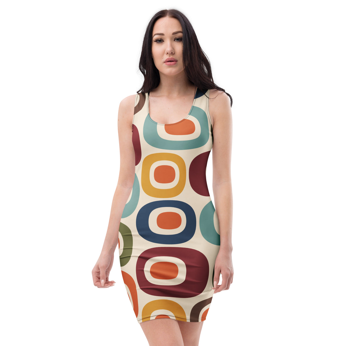 Retro 1970s mid-century modern geometric oval pattern dress printed with colorful mustard, orange, teal, and navy shapes