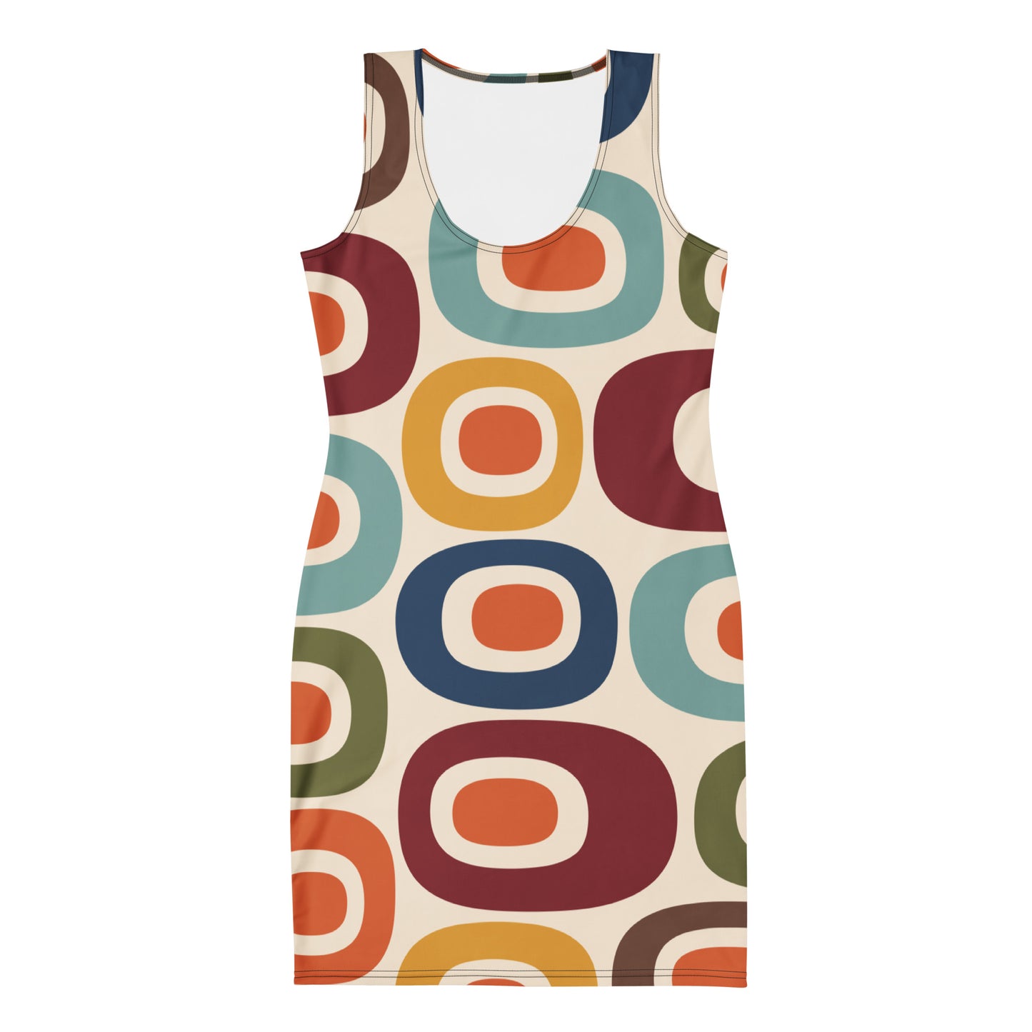 Retro 1970s mid-century modern geometric oval pattern dress printed with colorful mustard, orange, teal, and navy shapes