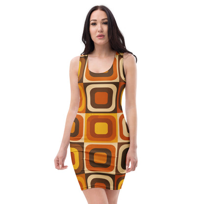Woman wearing a 70s retro dress with a groovy geometric pattern of orange, mustard, and brown rounded mod squares.