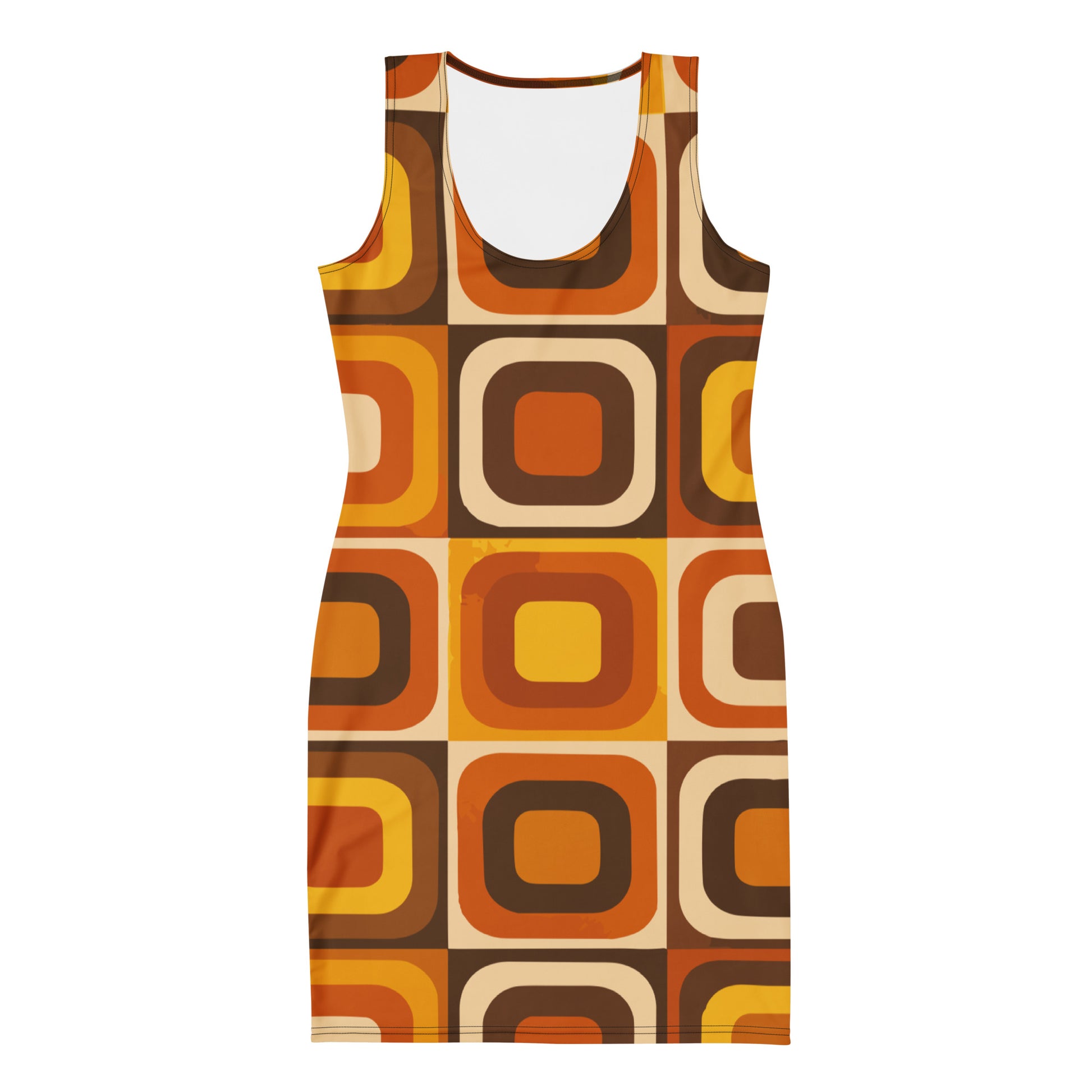 Woman wearing a 70s retro dress with a groovy geometric pattern of orange, mustard, and brown rounded mod squares.