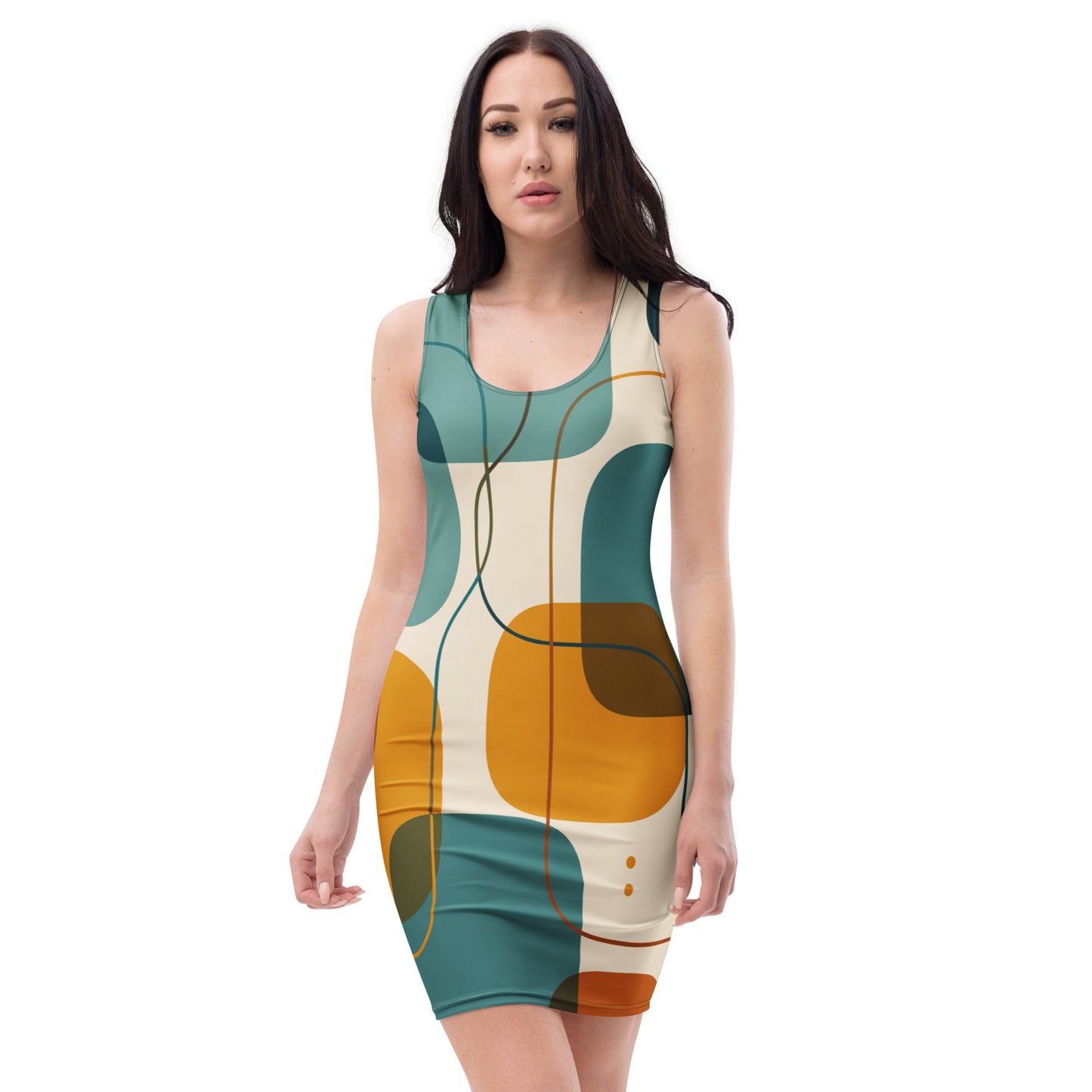 Seamless mid-century modern pattern on a dress featuring overlapping teal, mustard yellow, and dark blue geometric shapes.