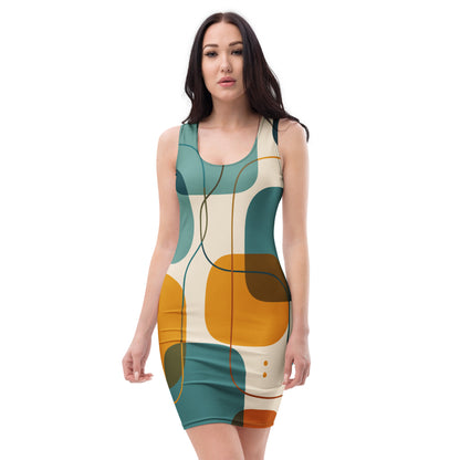 Seamless mid-century modern pattern on a dress featuring overlapping teal, mustard yellow, and dark blue geometric shapes.